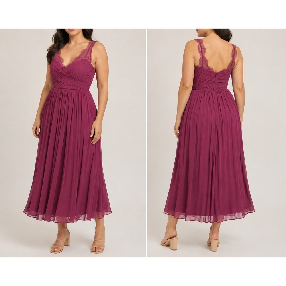 Litheco Womens Size 8 Magenta Lace Chiffon Maxi Dress Ruched Formal Wedding...